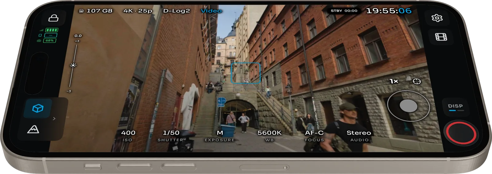 OpenPocketCine camera readouts, gimbal joystick, and record control over a Stockholm street shot