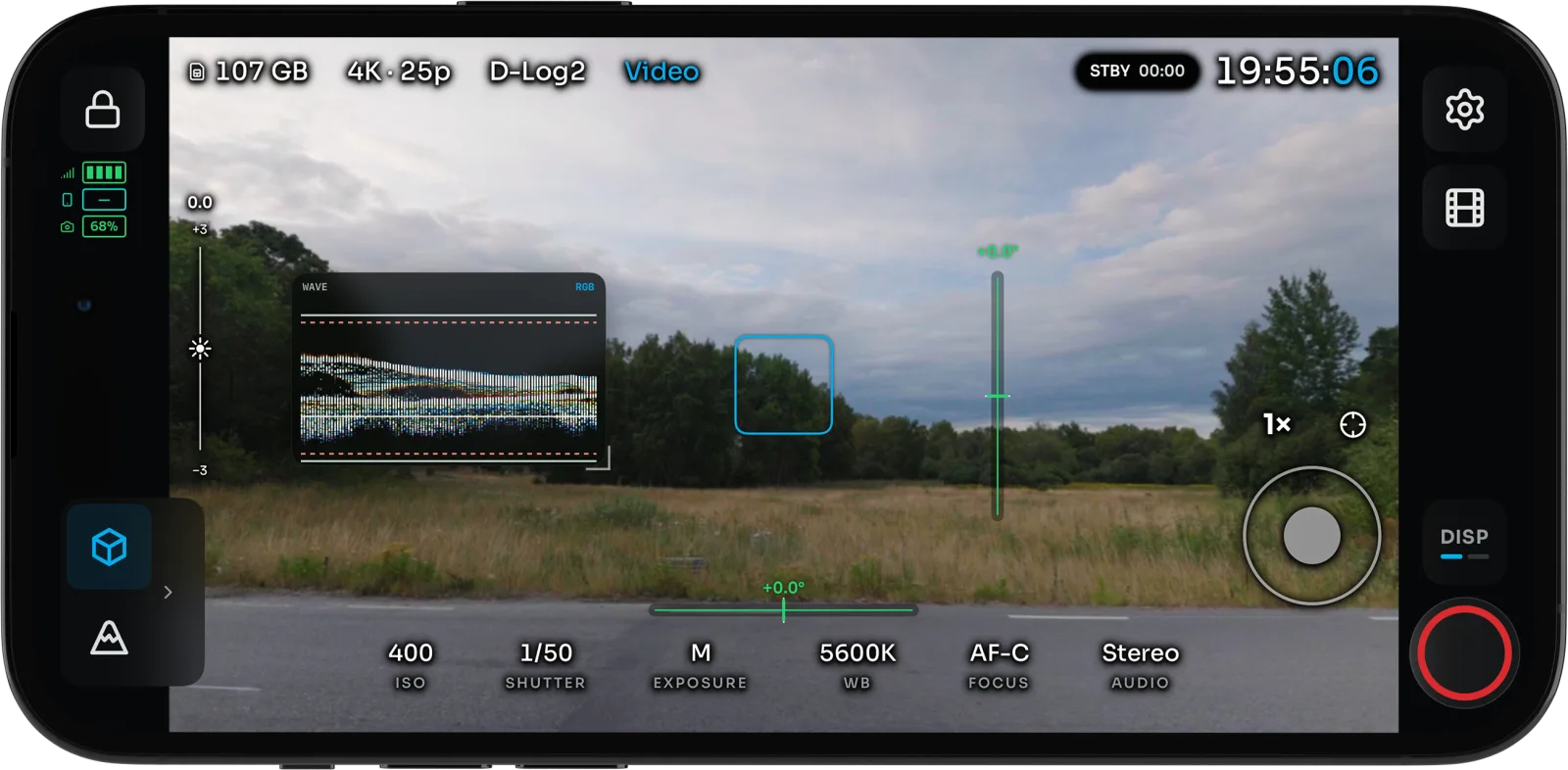 OpenPocketCine showing the camera level, EV meter, and waveform over a landscape