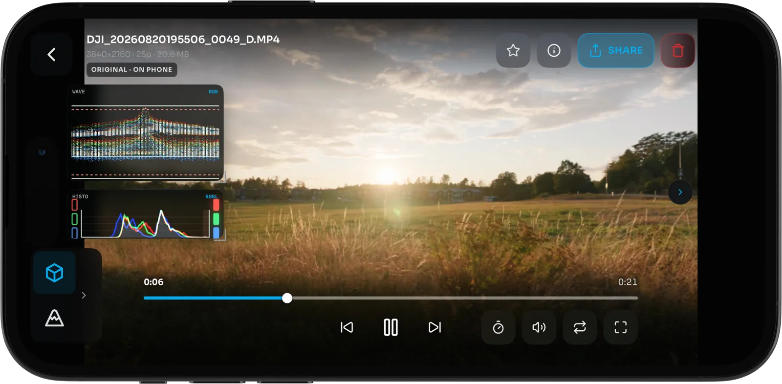 OpenPocketCine playing a Pocket 4 Pro sunset clip with DJI LUT, waveform, and histogram