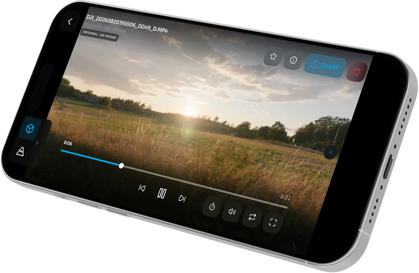 OpenPocketCine clip playback with timeline, LUT, and share controls