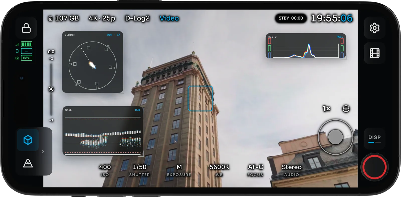 OpenPocketCine with waveform, histogram, and vectorscope over a Pocket 4 Pro city shot