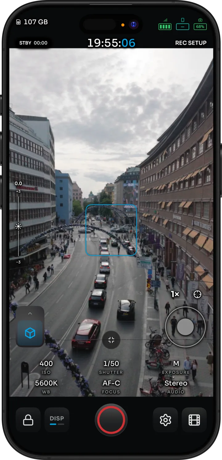 OpenPocketCine in portrait with a vertical city shot, DJI LUT, and camera controls