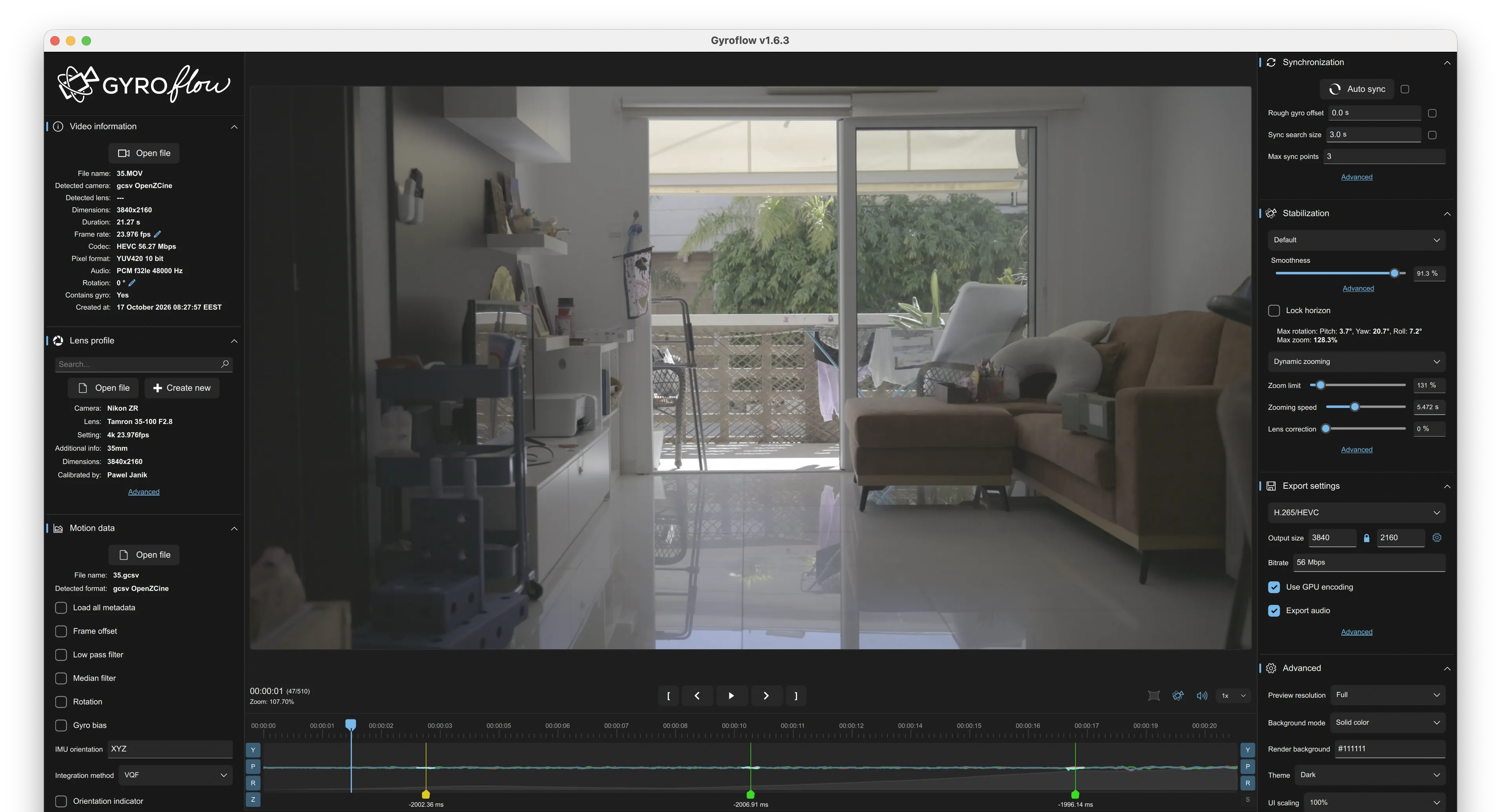 Gyroflow showing Video information, Lens profile, Motion data, and Synchronization panels.