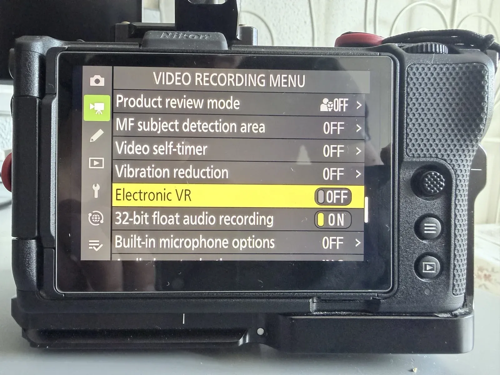 Nikon ZR Video recording menu with Vibration reduction and Electronic VR both Off.